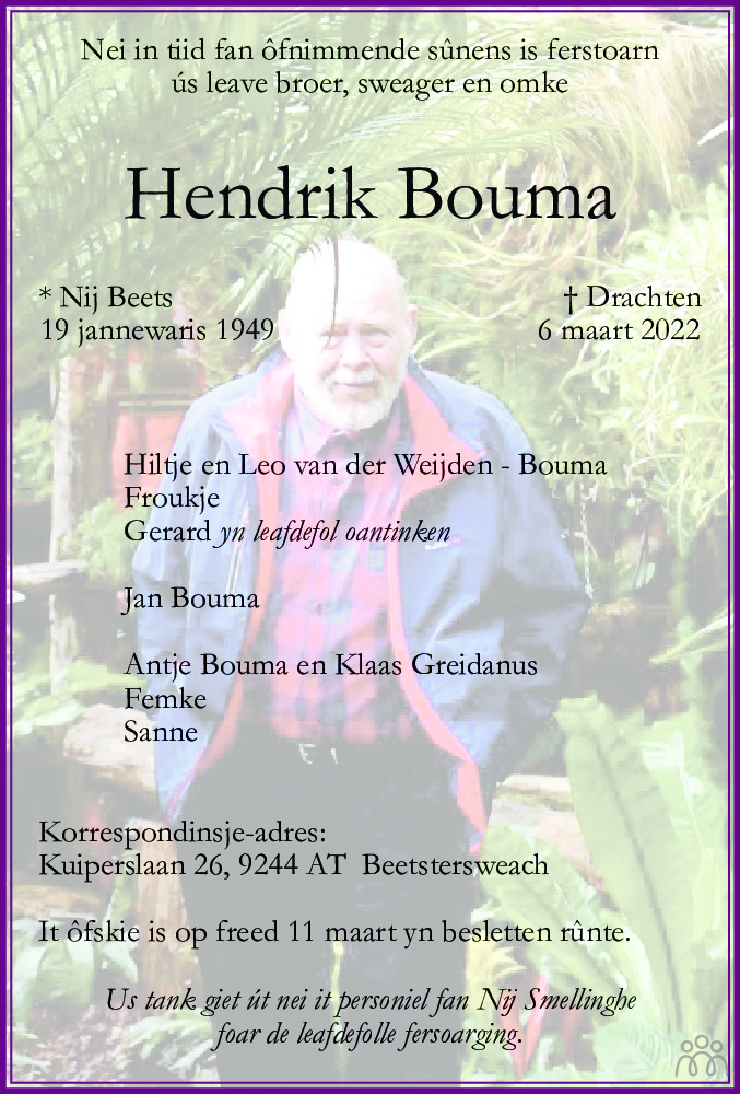 Overlijdensbericht van Hendrik Bouma in Leeuwarder Courant