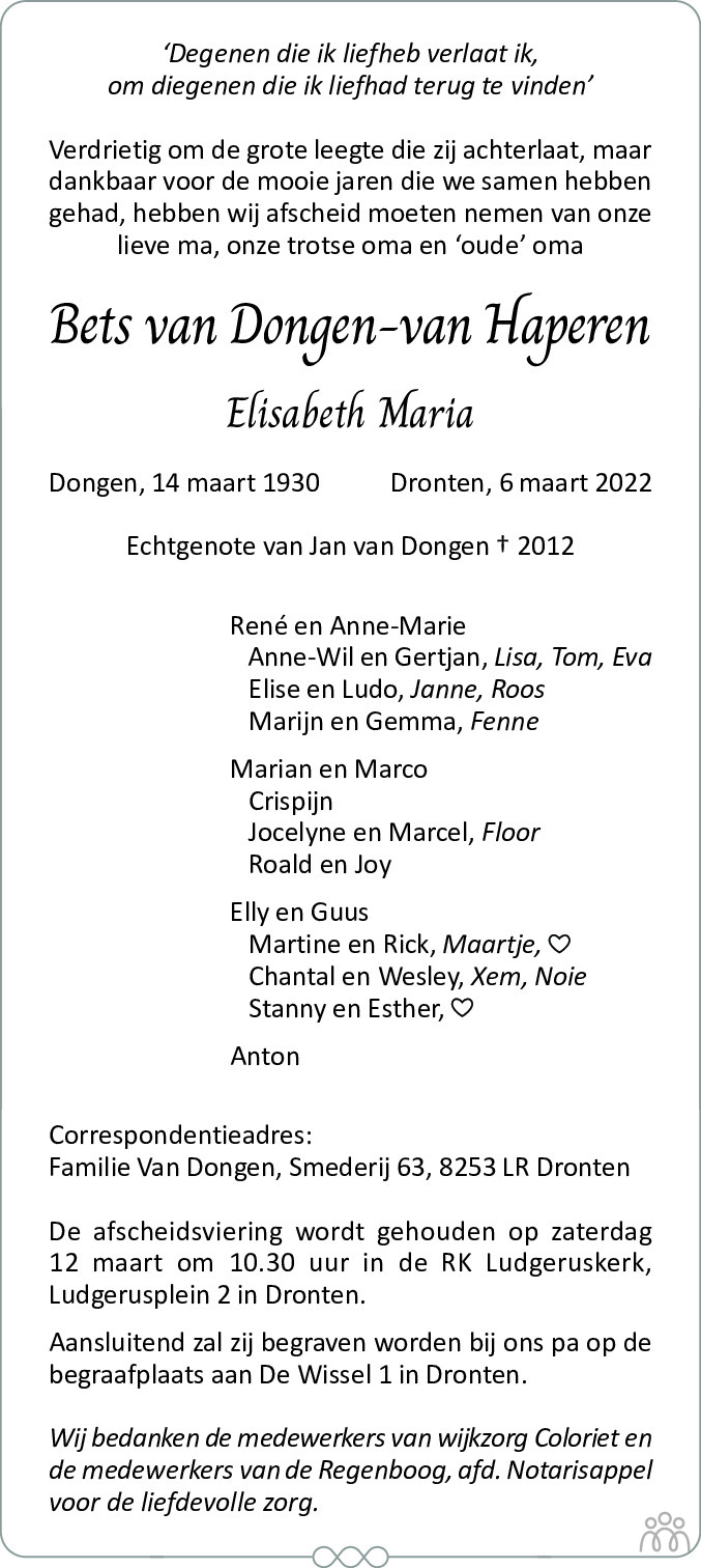 Overlijdensbericht van Bets (Elisabeth Maria) van Dongen-van Haperen in Flevopost Dronten