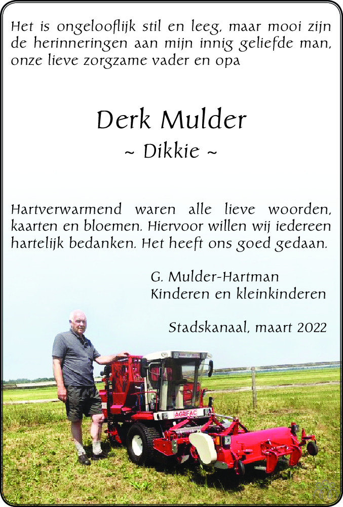 Overlijdensbericht van Derk (Dikkie) Mulder in Dagblad van het Noorden