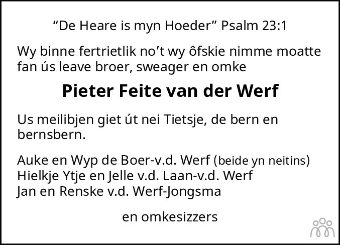 Pieter Feite van der Werf 19-03-2022 overlijdensbericht en condoleances