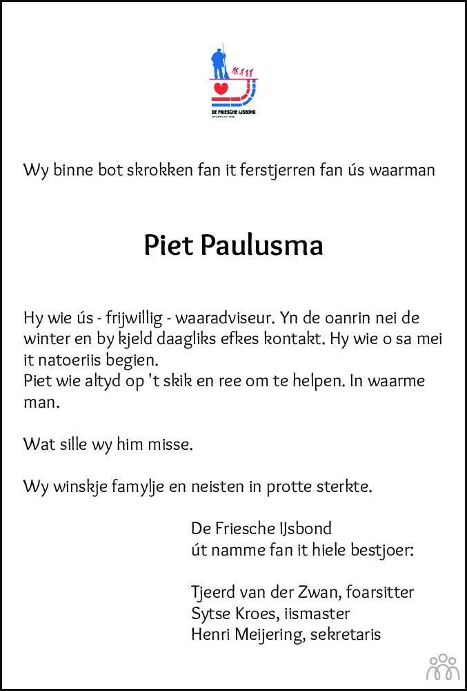 Overlijdensbericht van Piet Paulusma in Leeuwarder Courant