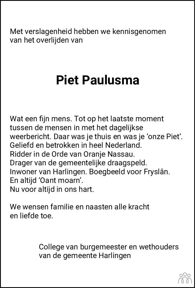 Overlijdensbericht van Piet  Paulusma in Leeuwarder Courant