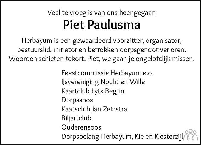 Overlijdensbericht van Piet  Paulusma in Leeuwarder Courant