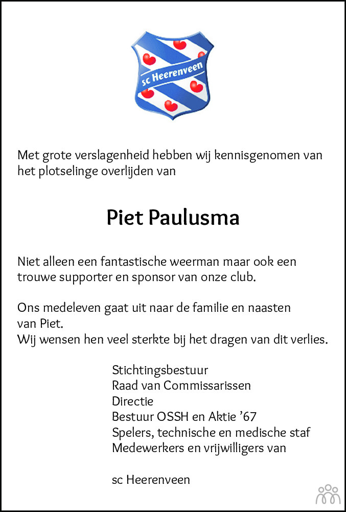 Overlijdensbericht van Piet Paulusma in Leeuwarder Courant