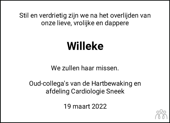 Overlijdensbericht van Willeke de la Chambre-van der Velden in Sneeker Nieuwsblad