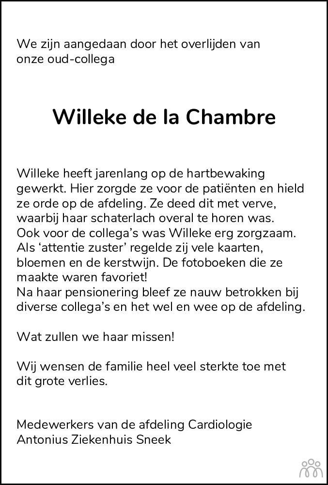 Overlijdensbericht van Willeke de la Chambre-van der Velden in Leeuwarder Courant