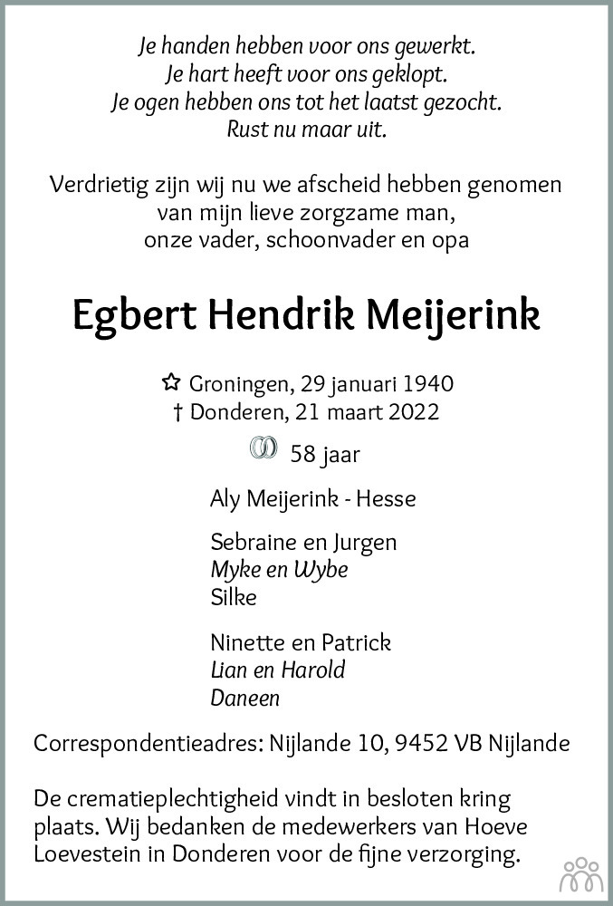 Egbert Hendrik Meijerink 21-03-2022 overlijdensbericht en condoleances ...