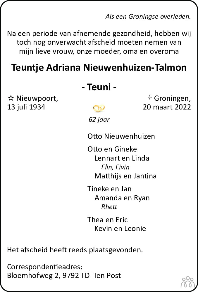 Overlijdensbericht van Teuntje Adriana (Teuni) Nieuwenhuizen-Talmon in Dagblad van het Noorden
