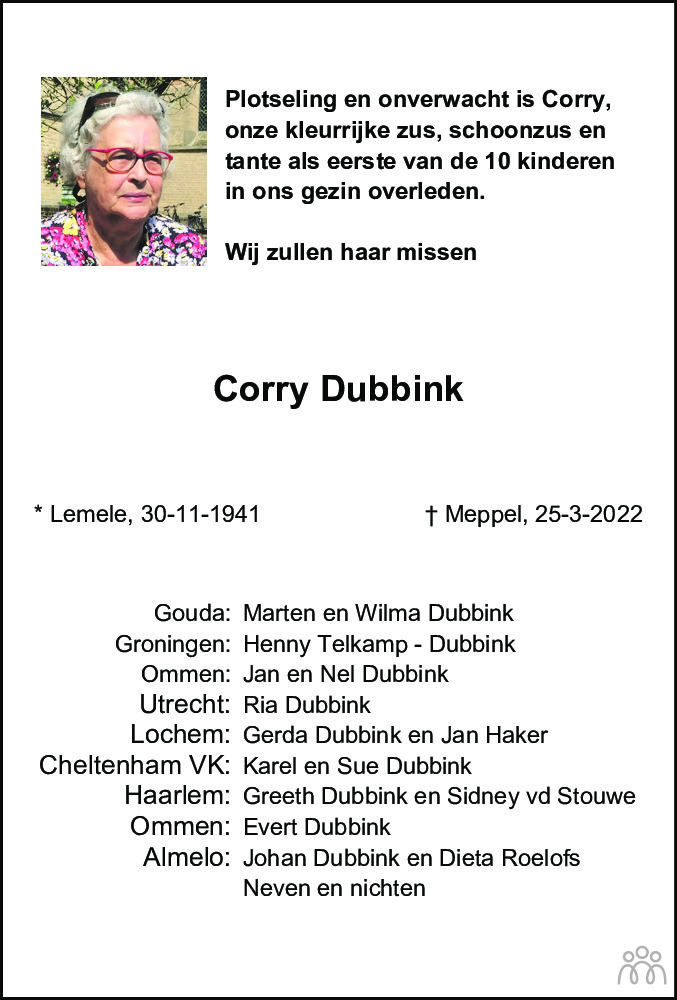 Overlijdensbericht van Corry Dubbink in Meppeler Courant