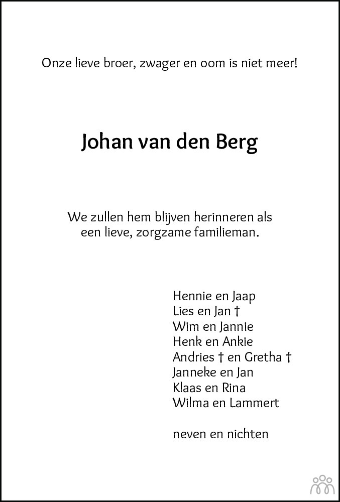 Overlijdensbericht van Jo van den Berg in Hoogeveensche Courant