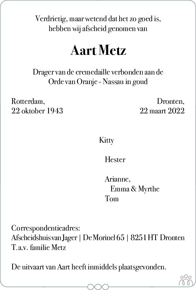 Overlijdensbericht van Aart Metz in Flevopost Dronten