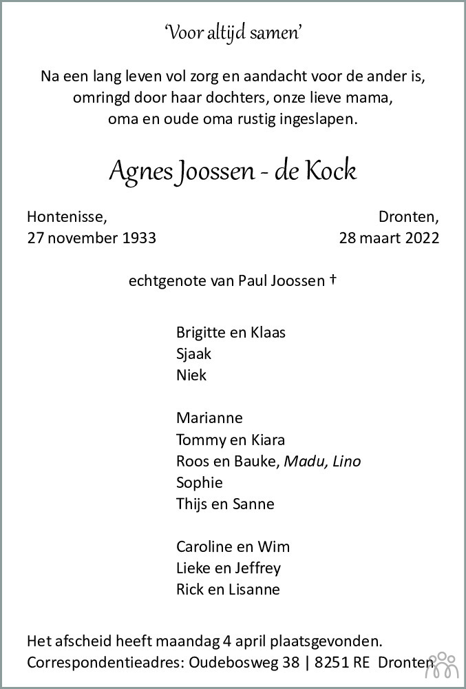 Overlijdensbericht van Agnes Joossen-de Kock in Flevopost Dronten