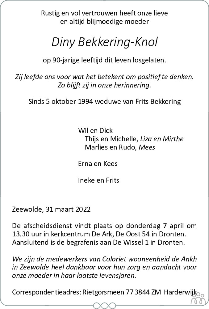 Overlijdensbericht van Diny Bekkering-Knol in Flevopost Dronten