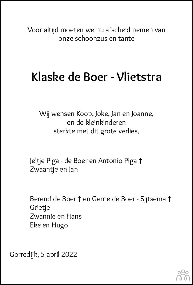 Overlijdensbericht van Klaske de Boer-Vlietstra in Leeuwarder Courant