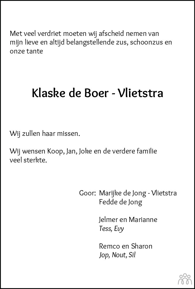 Overlijdensbericht van Klaske de Boer-Vlietstra in Leeuwarder Courant