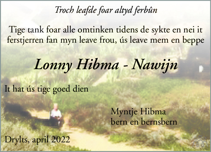 Overlijdensbericht van Lolkje (Lonny) Hibma-Nawijn in Leeuwarder Courant