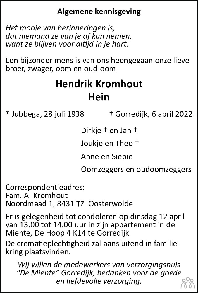 Overlijdensbericht van Hendrik (Hein) Kromhout in Leeuwarder Courant