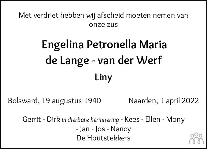 Overlijdensbericht van Liny (Engelina Petronella Maria) de Lange-van der Werf in Leeuwarder Courant