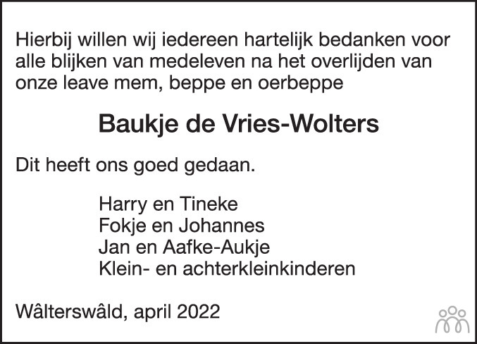 Baukje de Vries-Wolters 20-03-2022 overlijdensbericht en condoleances ...