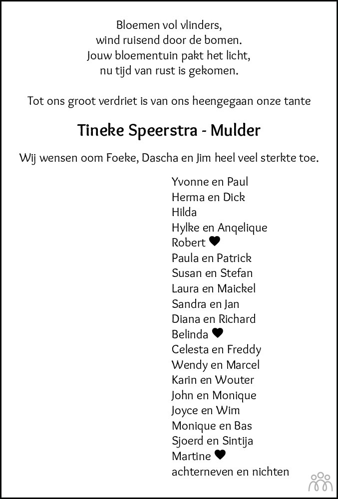 Overlijdensbericht van Tineke Speerstra-Mulder in Flevopost Dronten