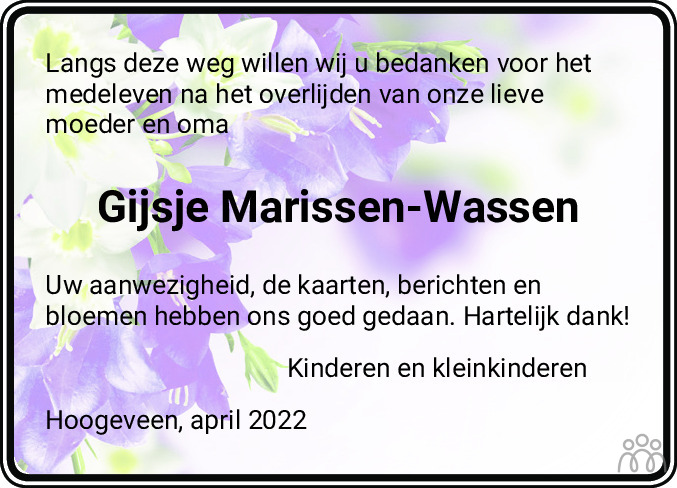 Gijsje Marissen Wassen 10 03 2022 Overlijdensbericht En Condoleances