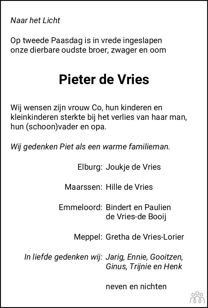 Overlijdensbericht van Pieter (Piet) de Vries in Noordoostpolder