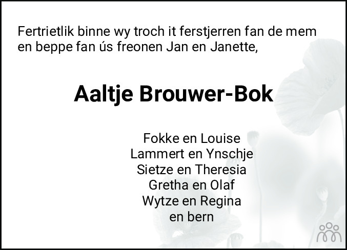 Overlijdensbericht van Aaltje Brouwer-Bok in Drachtster Courant