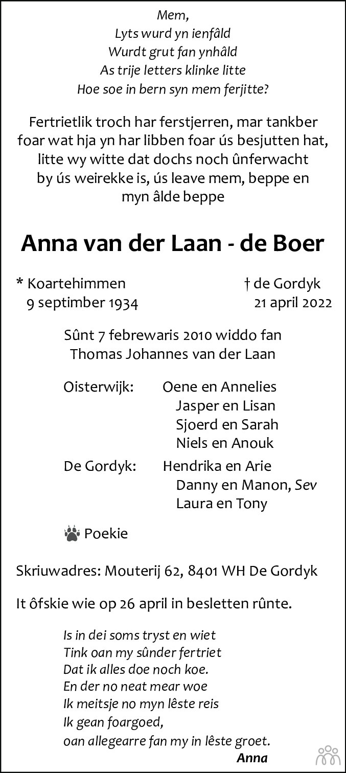 Overlijdensbericht van Anna van der Laan-de Boer in Leeuwarder Courant