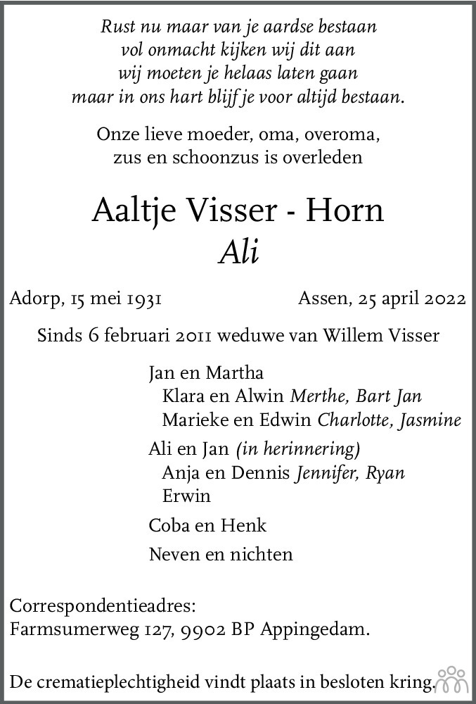 Aaltje (Ali) VisserHorn 25042022 overlijdensbericht en condoleances