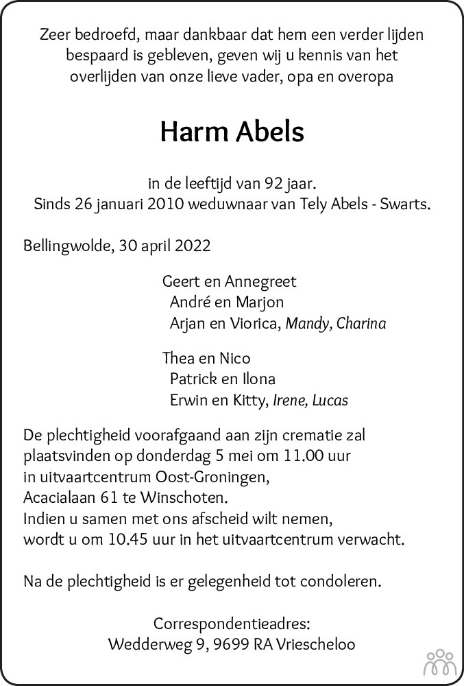 Overlijdensbericht van Harm Abels in Dagblad van het Noorden