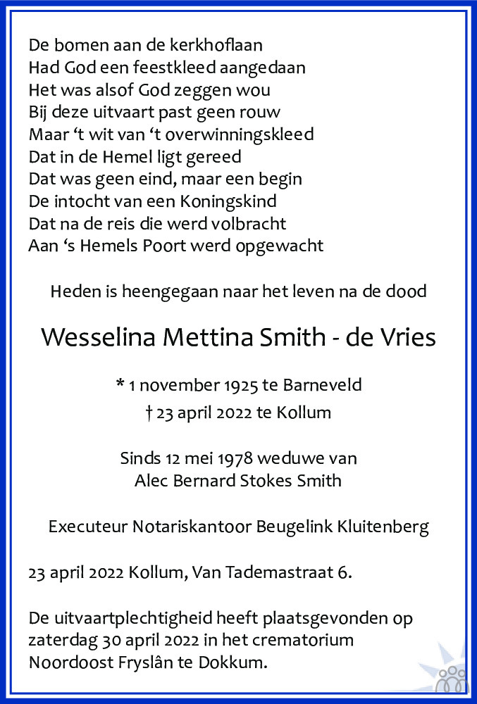 Overlijdensbericht van W.M. Smith-de Vries in Dockumer Courant