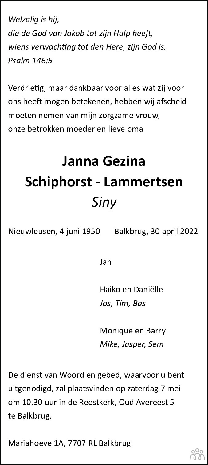 Overlijdensbericht van Janna Gezina (Siny) Schiphorst-Lammertsen in Meppeler Courant