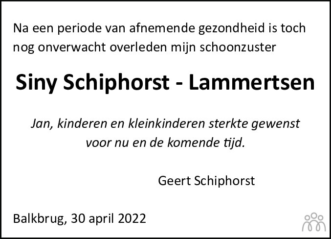 Overlijdensbericht van Janna Gezina (Siny) Schiphorst-Lammertsen in Meppeler Courant