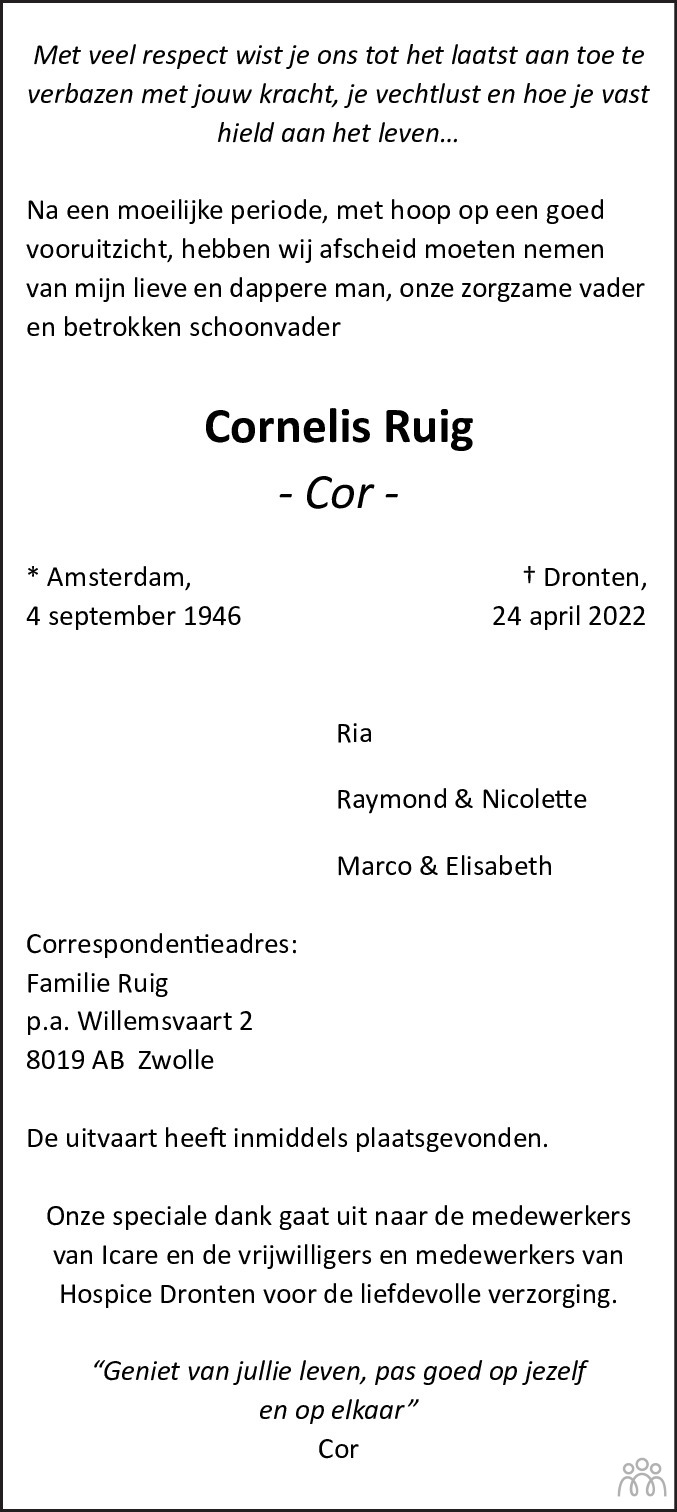Overlijdensbericht van Cornelis (Cor) Ruig in Flevopost Dronten