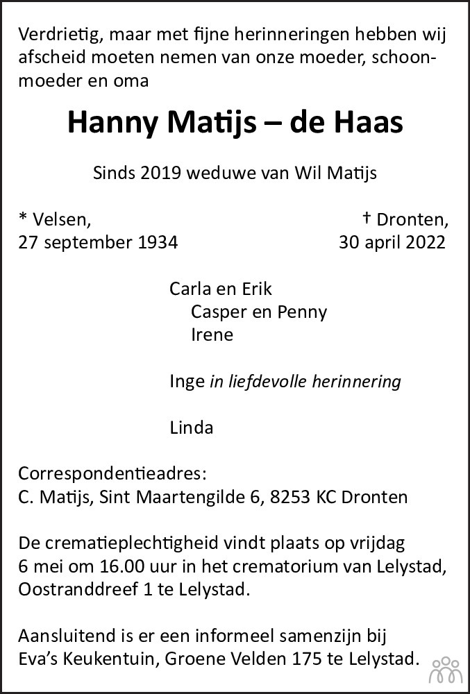Overlijdensbericht van Hanny Matijs-de Haas in Flevopost Dronten
