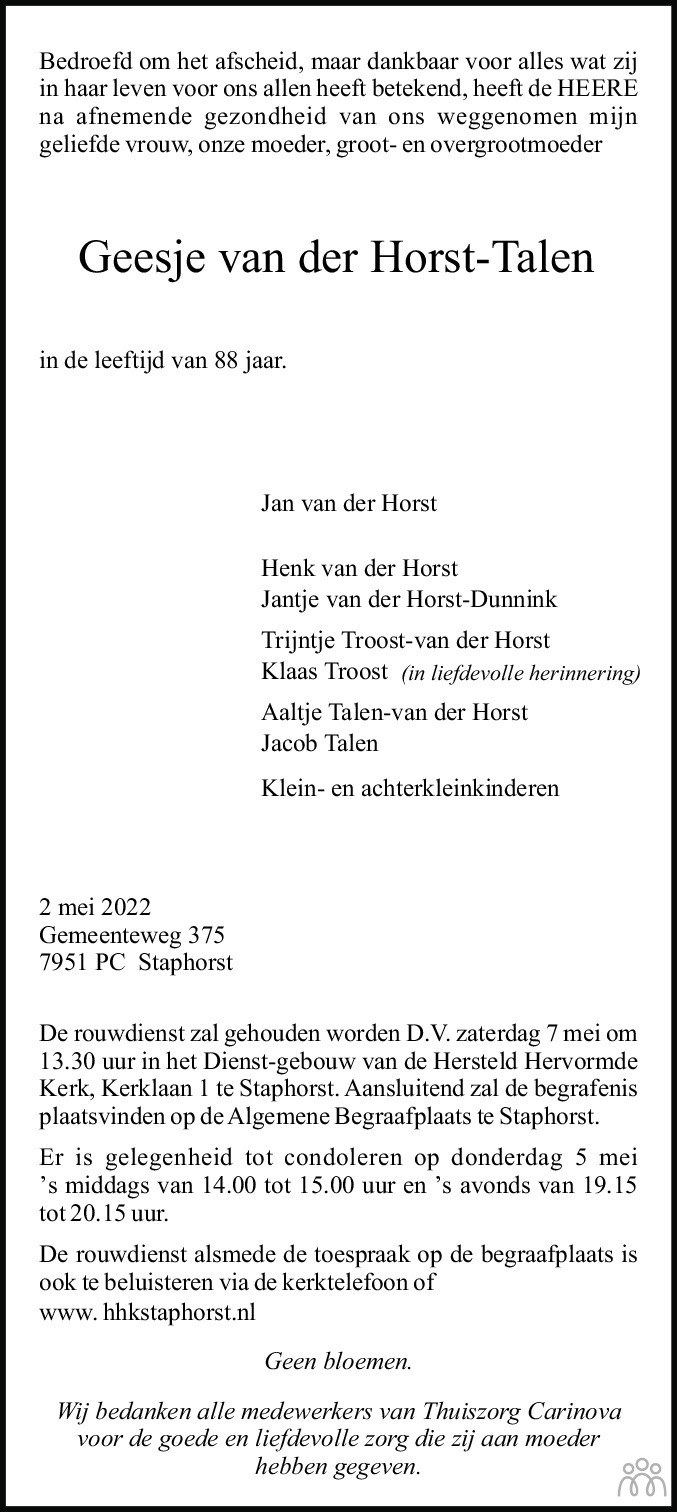 Overlijdensbericht van Geesje van der Horst-Talen in Meppeler Courant