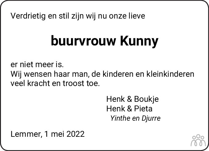 Overlijdensbericht van Kunnigje (Kunny) Bakker-de Olde in Jouster Courant Zuid Friesland