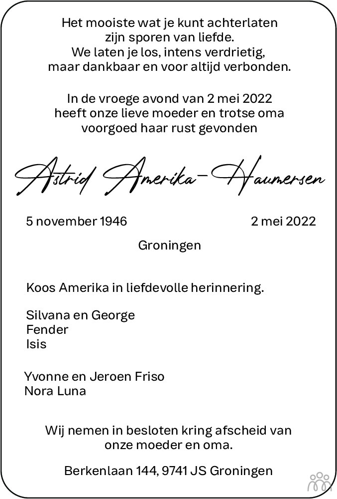 Overlijdensbericht van Astrid Amerika-Haumersen in Dagblad van het Noorden