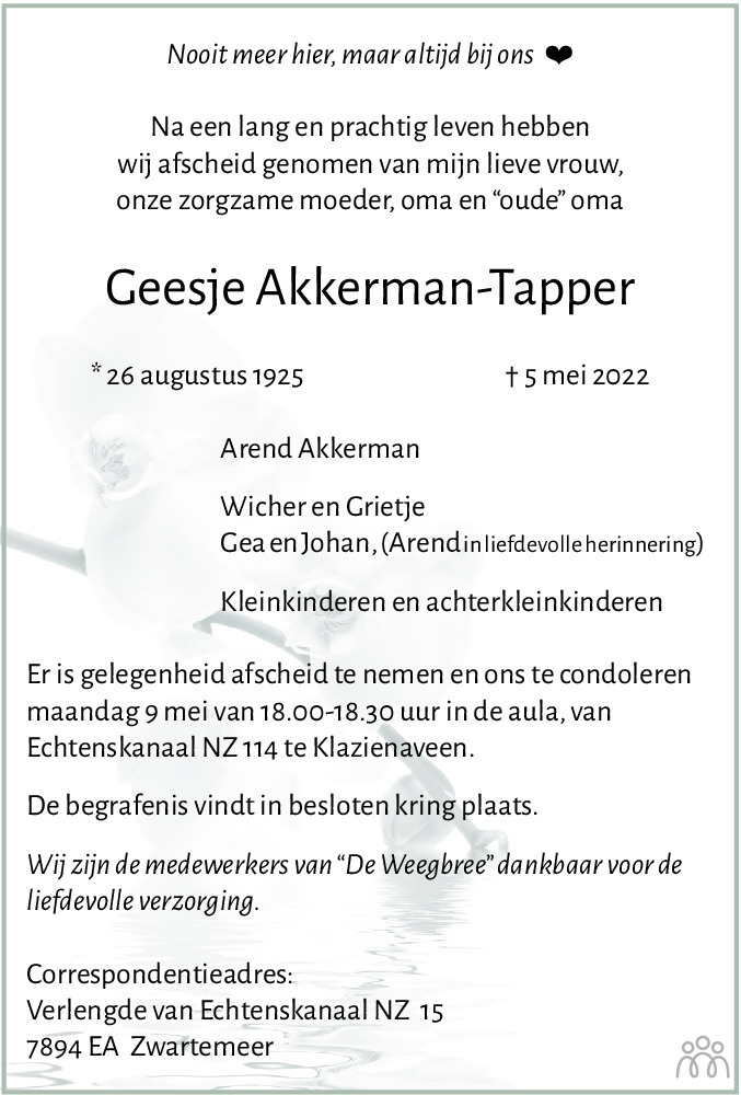 Overlijdensbericht van Geesje Akkerman-Tapper in Dagblad van het Noorden