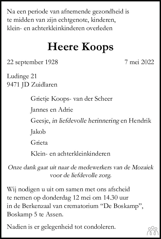 Overlijdensbericht van Heere Koops in Dagblad van het Noorden