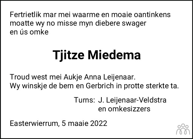 Overlijdensbericht van Tjitze Miedema in Friesch Dagblad