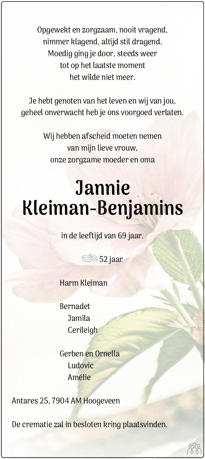 Overlijdensbericht van Jannie Kleiman-Benjamins in Hoogeveensche Courant