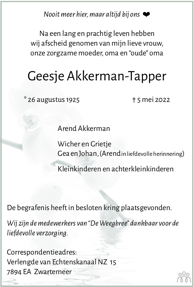 Overlijdensbericht van Geesje Akkerman-Tapper in Emmen Nu