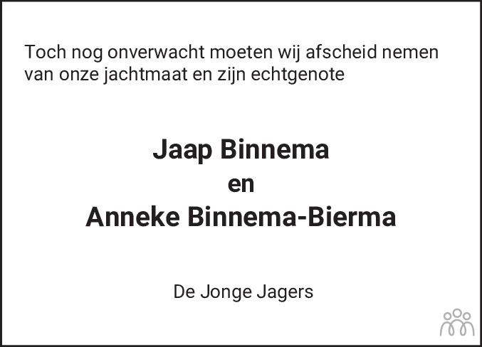 Overlijdensbericht van Jacob Age (Jaap) en Antje (Anneke) Binnema-Bierma in Leeuwarder Courant