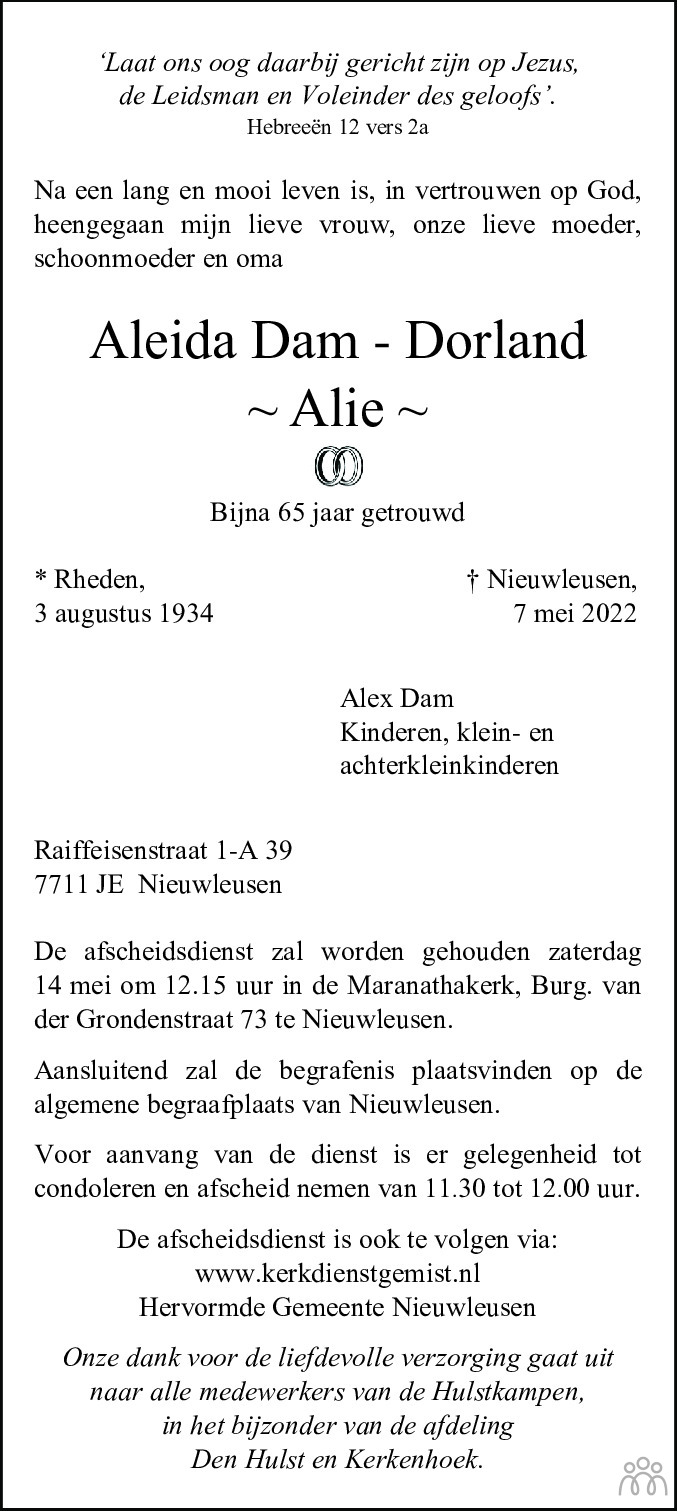 Overlijdensbericht van Aleida (Alie) Dam-Dorland in De Staphorster