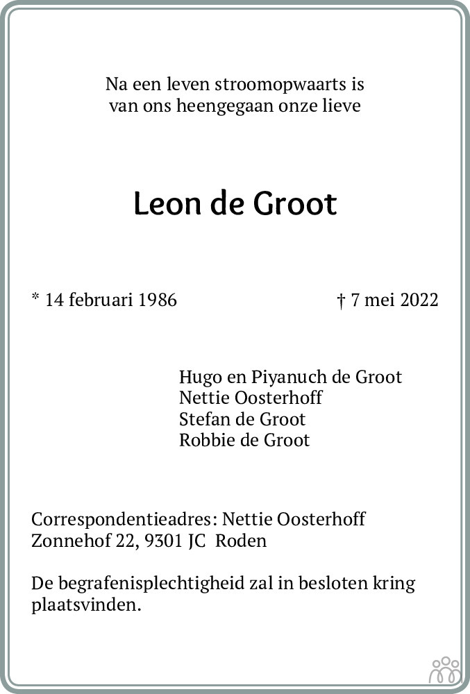 Overlijdensbericht van Leon de Groot in Dagblad van het Noorden