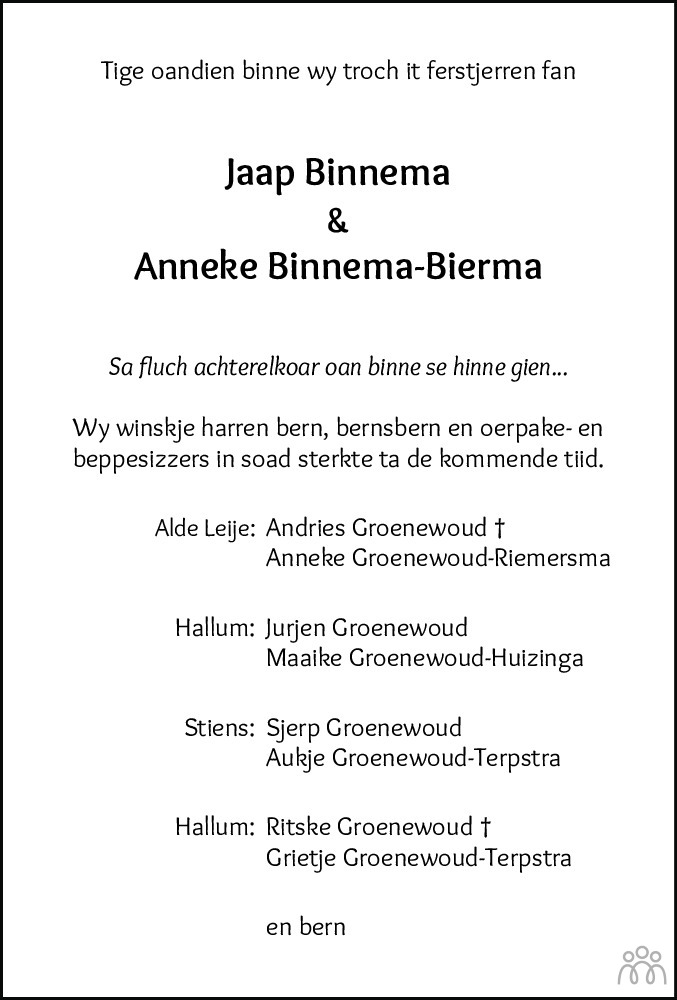 Overlijdensbericht van Jacob Age (Jaap) en Antje (Anneke) Binnema-Bierma in Leeuwarder Courant