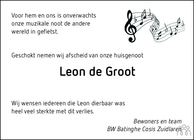 Overlijdensbericht van Leon de Groot in Dagblad van het Noorden
