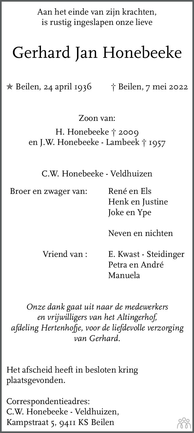 Overlijdensbericht van Gerhard Jan Honebeeke in De krant van Midden-Drenthe