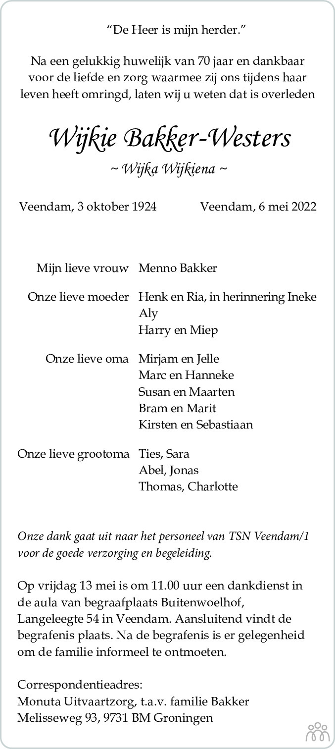 Overlijdensbericht van Wijkie (Wijka Wijkiena) Bakker-Westers in Dagblad van het Noorden